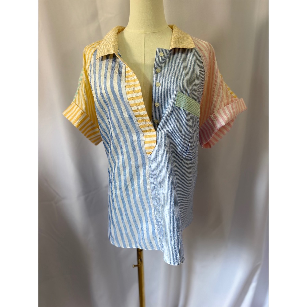 Vintage Pastel Striped Colorblock Button Down Shirt Coastal Preppy Size L